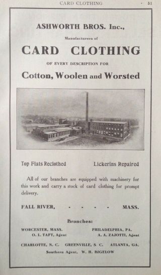 1914 Ad (j23) Ashworth Bros.  Mfg.  Co.  Fall River,  Mass.  Card Clothing