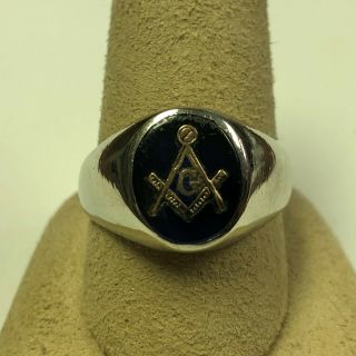 Vintage 10k White Gold W/ Blue Compass Masonic Mens Ring Size 10.  5,  7.  3 Grams