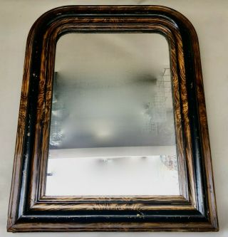 Vintage French Wall Hanging Wooden Mirror With Aged Foxed Glass