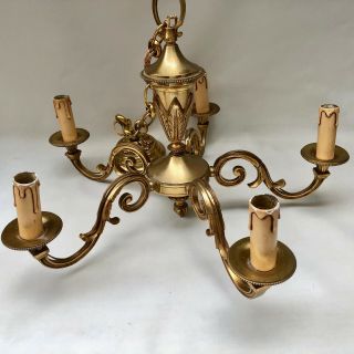 Vintage French Five Arm Heavy Brass Chandelier With Hanging Chain & Ceiling Rose