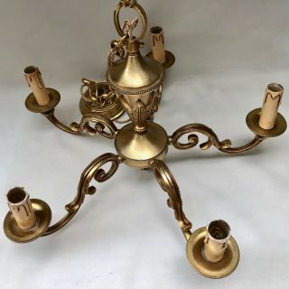 VINTAGE FRENCH FIVE ARM HEAVY BRASS CHANDELIER WITH HANGING CHAIN & CEILING ROSE 2
