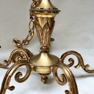 VINTAGE FRENCH FIVE ARM HEAVY BRASS CHANDELIER WITH HANGING CHAIN & CEILING ROSE 3