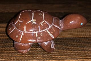 Zuni Carved Pipestone & Turquoise Etched Turtle Fetish Signed By Brian Yatsattie