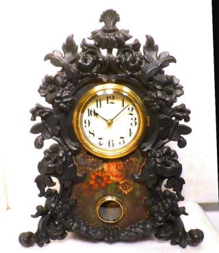 American 1870 Floral Painted Inlay Cast Iron Front 8 Day Shelf Clock