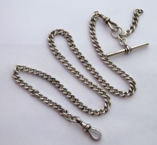 Antique Thick Heavy Solid Sterling Silver Pocket Watch Chain With T Bar