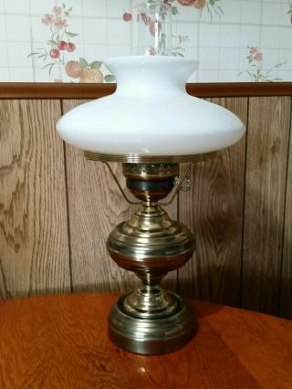 Vintage Hurricane Lamp Brass With White Milk Glass Shade 15 1/2 " Tall