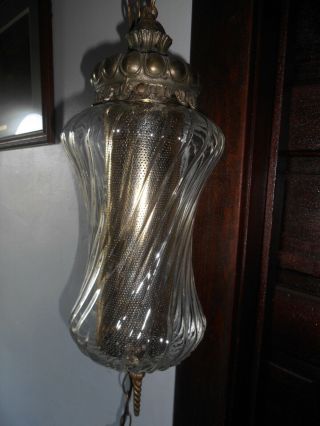Vintage Mid Century Clear Swirl Glass Swag Hanging Lamp With Diffuser & Chain