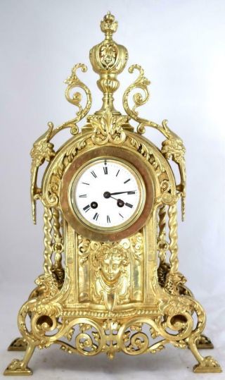 Lovely Antique French 1870 Embossed Gilt Bronze Bell Striking Mantle Clock