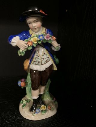 Antique Sitzendorf Dresden Porcelain Figurine Boy With Flowers German 6”
