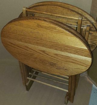 Vintage Set Of 4 Oval Wood Folding Tv Trays Stand Occasional Accent Table