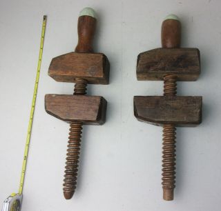 2 Antique Vintage Primitive Wood Wooden Adjustable Clamps Collectible Tool