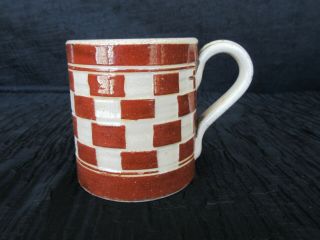Antique Made In Austria Earthenware Mocha Ware Checkered Mug,  Incised Design