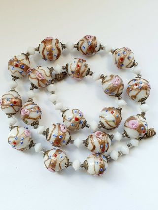Fine Vintage Art Deco White Venetian Wedding Cake Lampwork Glass Beads Necklace