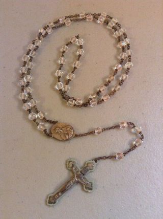 Vintage Antique Rosary Crucifix Cross Jesus Mary - Clear Beaded Italy