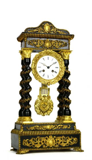 Antique 1850 French Empire Full Ormolu Bronze Deco Portico Pillar Mantel Clock