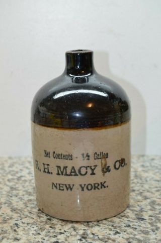R H Macy York Stoneware 1/2 Gallon Jug 8.  5 Inch