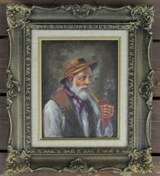 Vintage Framed & Signed Oil Painting - Elderly Man Smoking Pipe