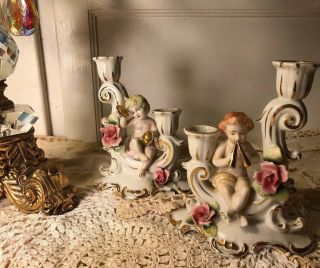 Vintage Porcelain Cherub Candlestick Holders / Pair W/floral & Gold.  Japan
