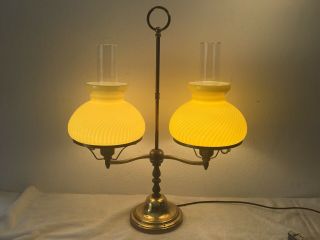 Vintage Double Hurricane Brass Table Lamp - Yellow Ribbed Milk Glass Shades