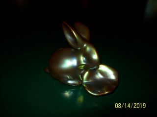 Vintage Zsolnay Eosin Gold Tone Iridescent Rabbit/bunny W/ Leaf Figurine Hungary