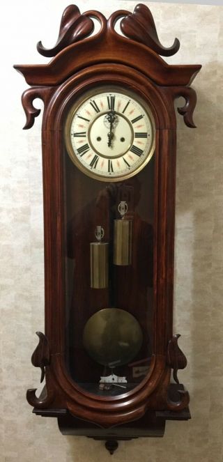 Hand - Carved Gustav Becker Vienna Regulator Clock W/leaf Motif - Pendulum & Key