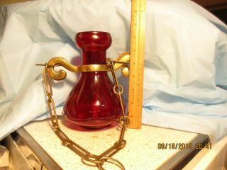 Vintage Hanging Sanctuary Brass & Ruby Red Glass Lamp