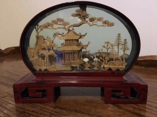 Vintage Chinese Carved Cork Diorama Scene Under Glass Pagoda Storks