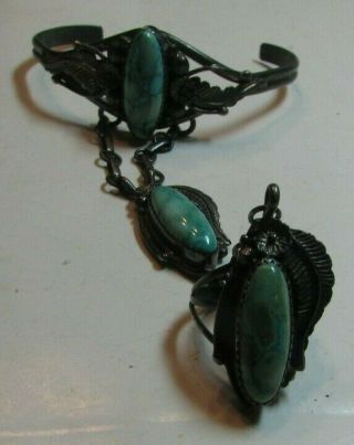 Vintage Gr Navajo Sterling Silver Turquoise Slave Cuff Bracelet Ring Sz 7