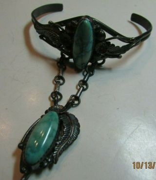 Vintage GR Navajo Sterling Silver Turquoise Slave Cuff Bracelet Ring Sz 7 3