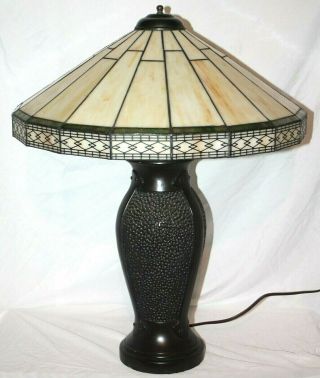 VINTAGE HUGE ARTS & CRAFTS SLAG GLASS TABLE LAMP W/ BASE HANDEL / B&H STYLE 2