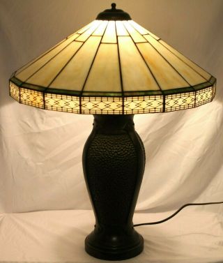 VINTAGE HUGE ARTS & CRAFTS SLAG GLASS TABLE LAMP W/ BASE HANDEL / B&H STYLE 3