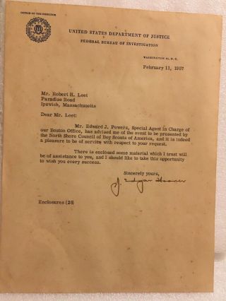 J.  Edgar Hoover Signed Letter 1st Fbi Director