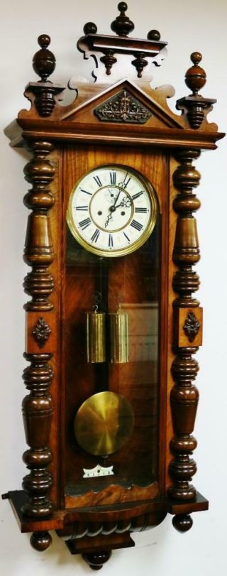 Antique Gustav Becker 8 Day Twin Weight Driven Carved Walnut Vienna Wall Clock