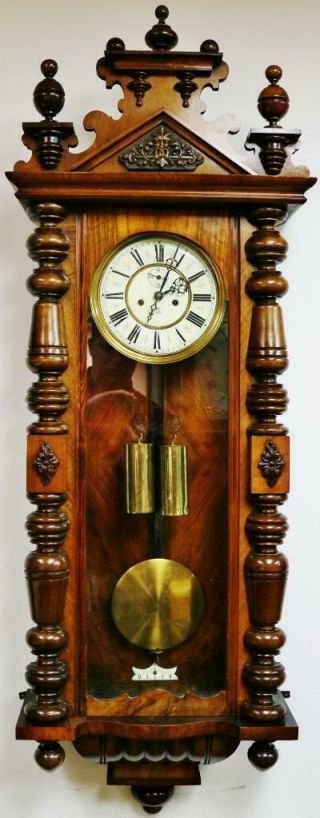 Antique Gustav Becker 8 Day Twin Weight Driven Carved Walnut Vienna Wall Clock 2