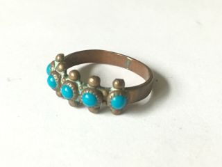 Vtg Antique Zuni Petite Needle Point Dotted Turquoise Copper Brass Ring Sz 7