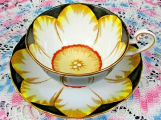 Victoria C & E Jonquil Hand Painted Black Floral Tea Cup And Saucer