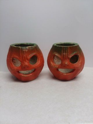 Vintage Antique Paper Mache Halloween Pumpkins Set Of 2
