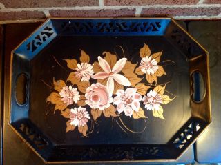 Nashco Toleware Metal Tray Black Pink Flowers & Golden Leaves 18 " X 12 " X 2 "