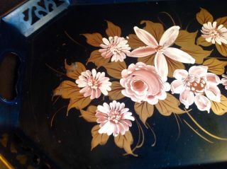 Nashco Toleware Metal Tray Black Pink Flowers & Golden Leaves 18 