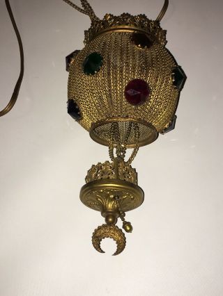 Vintage Brass W/ Chain Swag Hanging Hall Light 14 Colored Jewels 1960s Made Usa