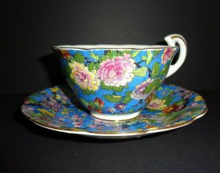 Vintage England Bone China Teacup And Saucer Blue Chintz Asian Flowers