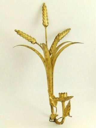 Vintage Hollywood Regency Italy Gold Gilt Tole Wheat Single Candle Holder Sconce
