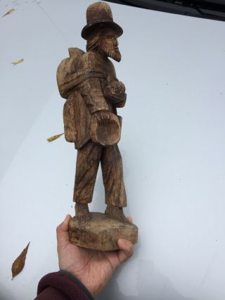 Vintage Hand Carved Wood 15” Traveler Miner Hobo Man Figurine Statue Folk Art