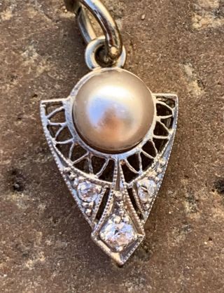 Vintage 14k White Gold Art Deco Real South Sea Pearl And Diamonds Pendant