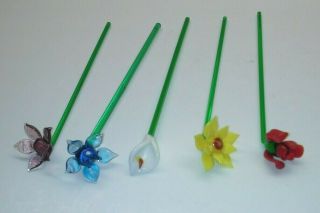 Vintage Hand Blown Art Glass Long Stem Flowers 5.  5 " To 6 " Unmarked (5)