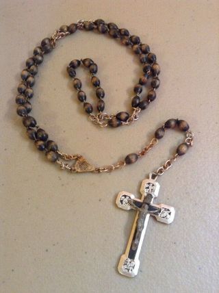 Vintage Antique Rosary Crucifix Cross Jesus Mary - Roma Wood Beaded