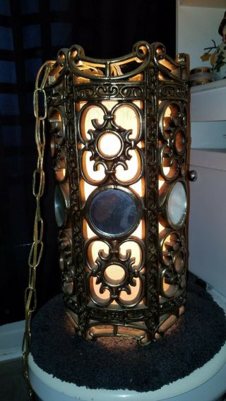 Vintage Mid Century Gothic Bohemia Gold Mirrored Hanging Light Lamp