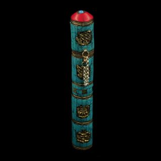 8.  46 " Old Tibetan Buddhism Pure Copper Turquoise Incense Tube Joss Stick Box Rn