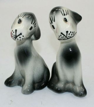 Vintage Pair Male Female Dog Porcelain Figure Statue 3/4 " Tall Smiling Eyebrow