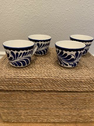 Vintage Mexican Coffee Cups Set Of 4 Anfora Blue & White Puebla Pottery